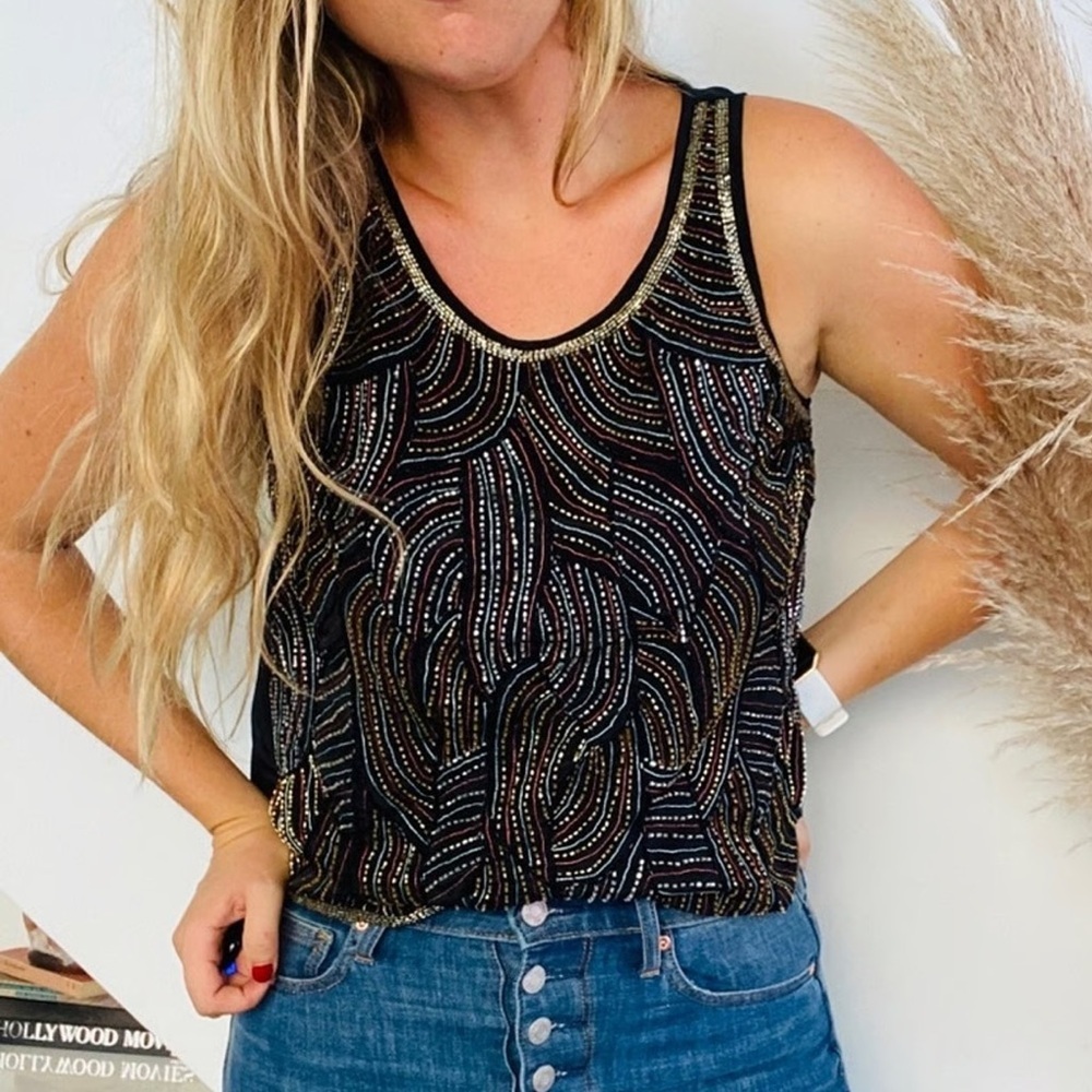 NWOT Patterson J Kincaid black silk multi color beaded tank top Size M